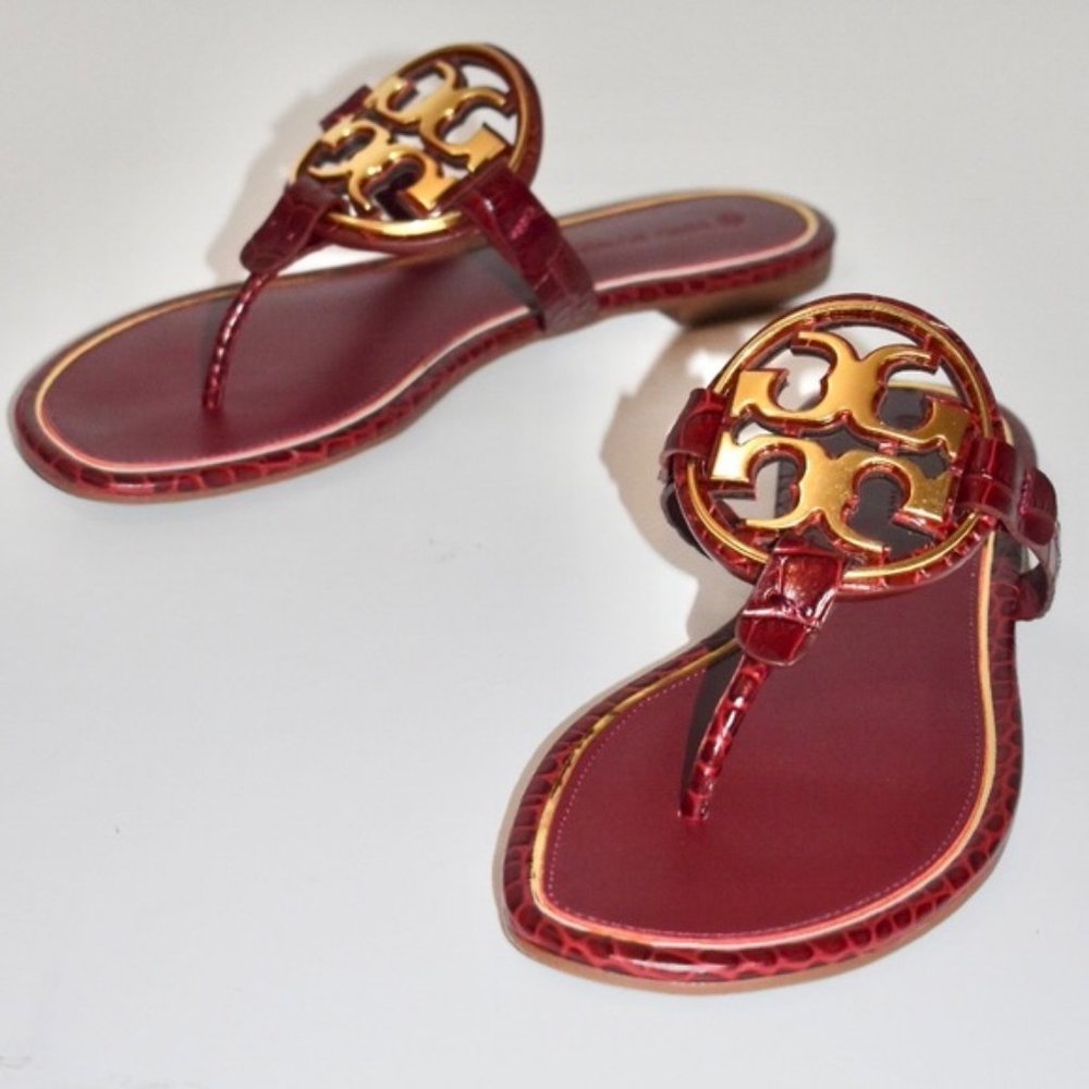 Tory Burch Metal Miller Croc Embossed Logo Sandals Burgundy Roma Red MANY SIZES!